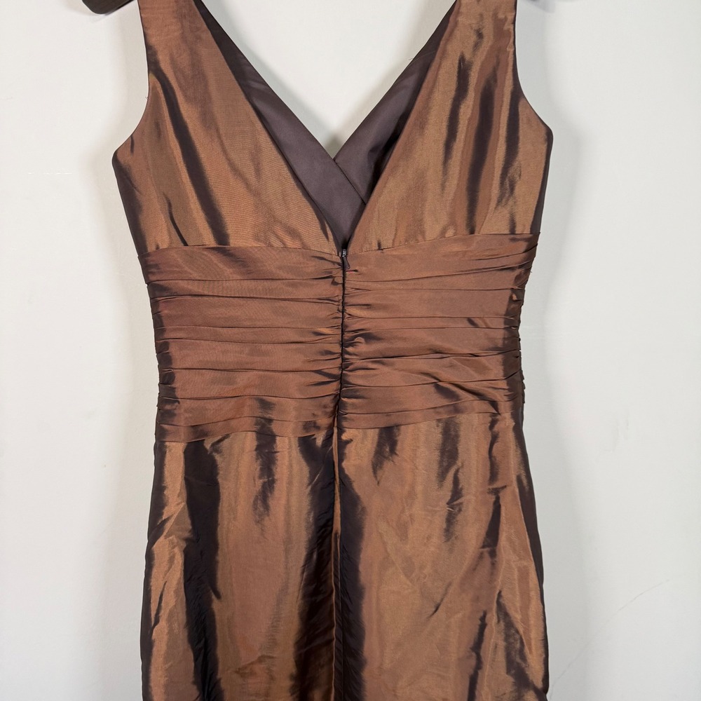Me Too VTG Brown Satin Cocktail Surpliced V Neck Dress Size 12 - Picture 4 of 9